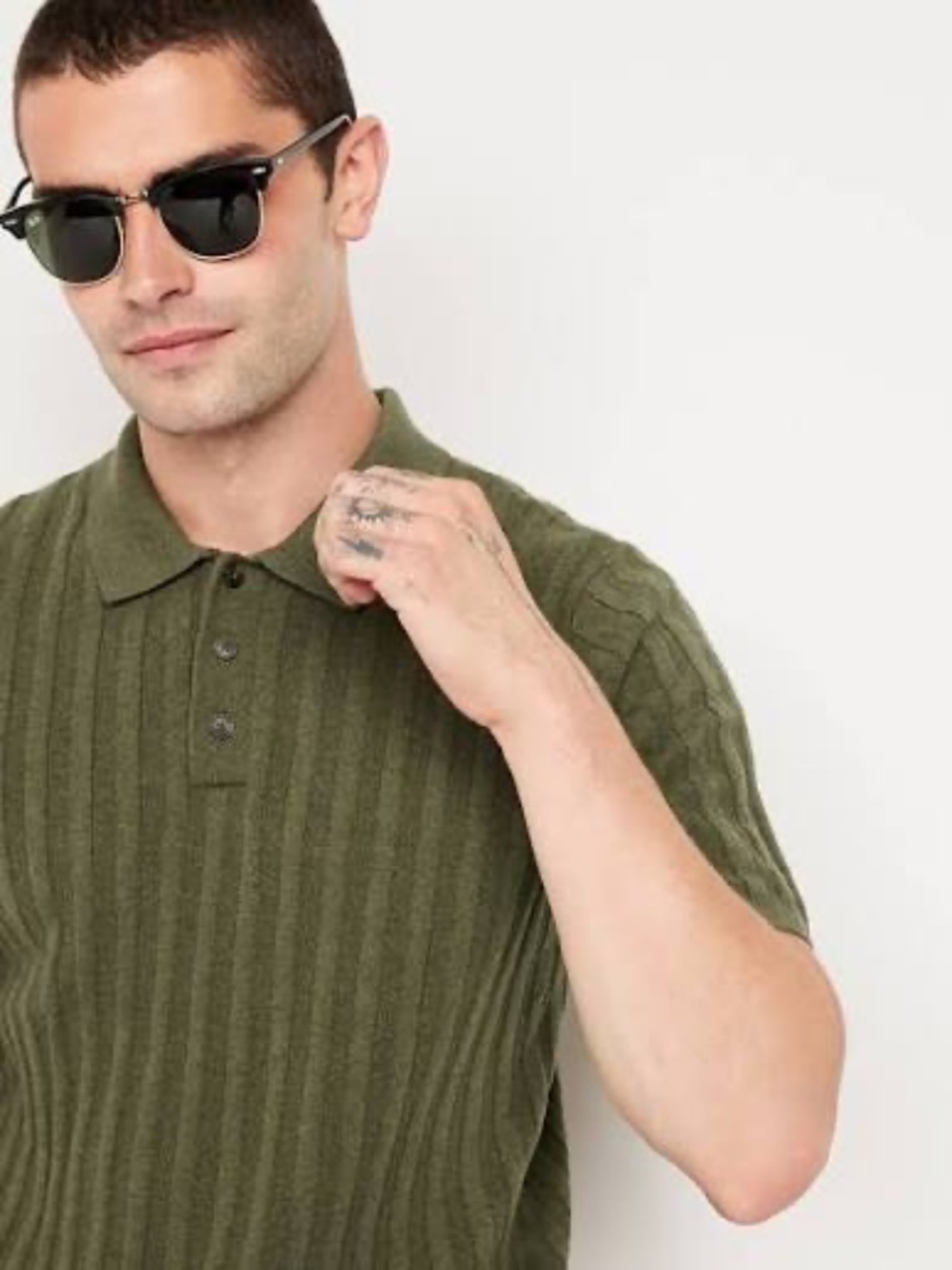Old Navy Olive Green Ribbed Polo Shirt Sweater Mens L Preppy Eclectic Grandpa